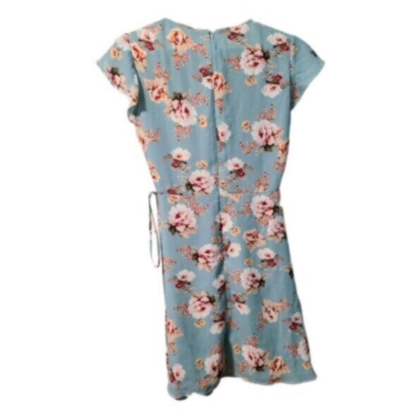 Lord & Taylor Blue Floral Wrap Side Tie Flutter Ruffle Cap Sleeve Mini Dress XS - Picture 7 of 16